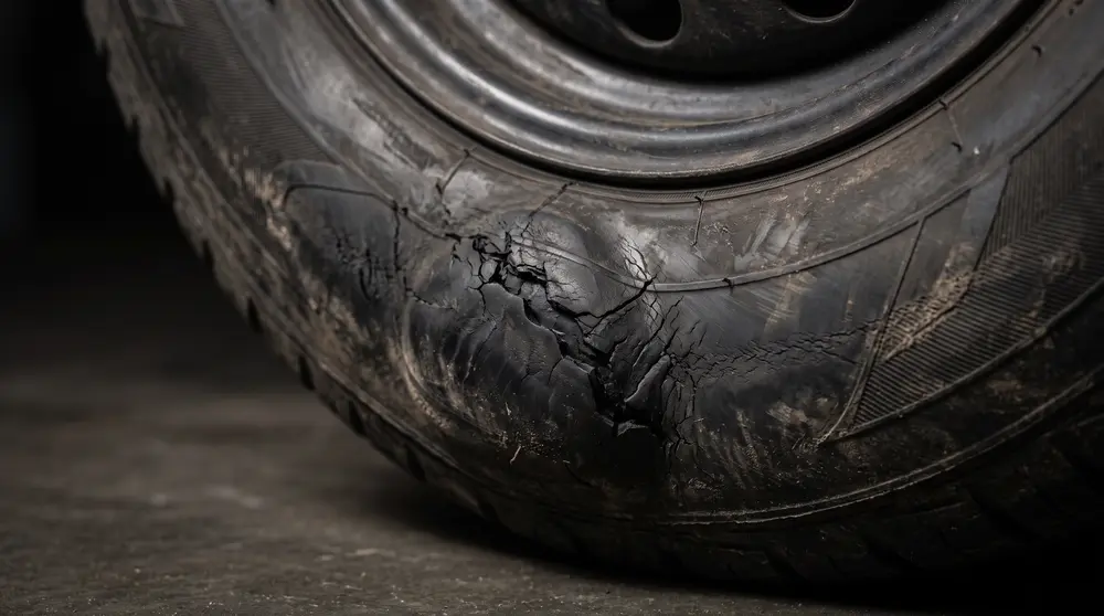 A split and bulge in the sidewall of a car tyre - damage that cannot legally be repaired